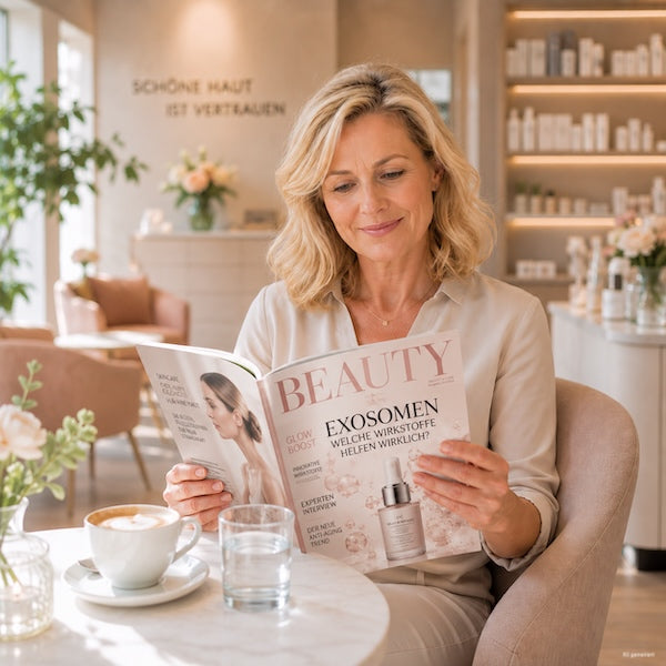 Blonde Frau ab 40 liest im Wartebereich einer Kosmetikerin ein Beauty-Magazin über Exosomen und Anti-Aging-Wirkstoffe. Auf dem Tisch stehen ein Cappuccino und ein Glas Wasser in heller, entspannter Atmosphäre.
