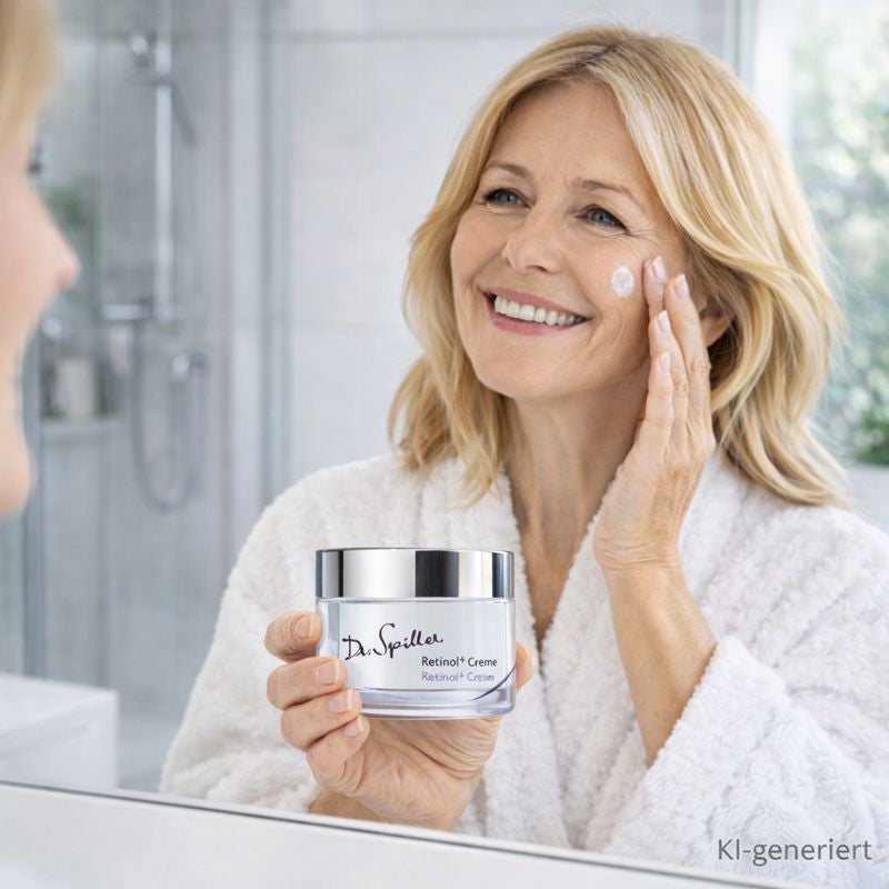 Frau Mitte 50 trägt Dr. Spiller Retinol+ Creme auf und lächelt im Badezimmer – hochwertige Retinol Pflege für reife Haut