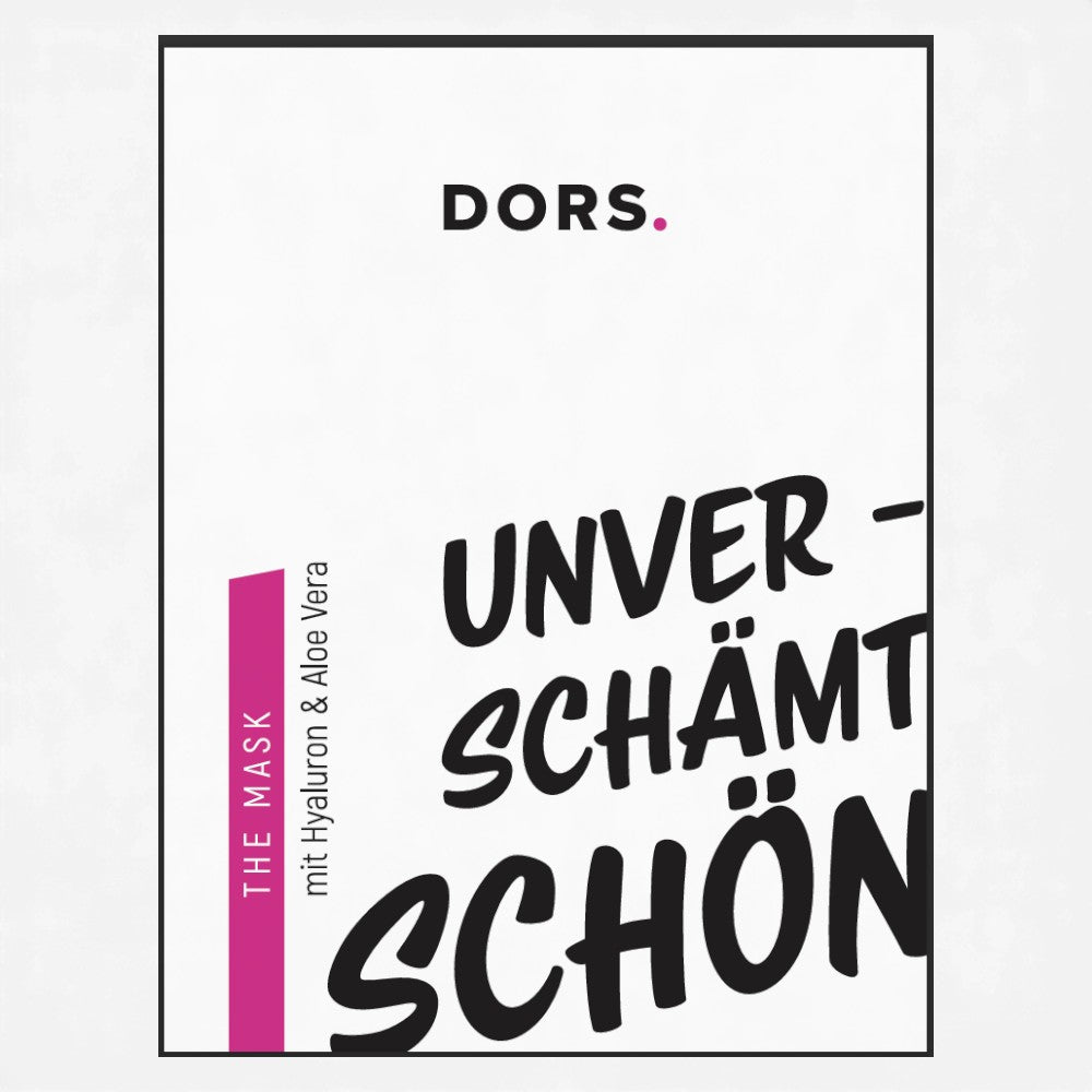 DORS – the Mask: Vorderseite der ultrafeinen veganen Bio-Cellulose-Feuchtigkeitsmaske mit Hyaluron und Aloe Vera in hochwertigem Verpackungsdesign.