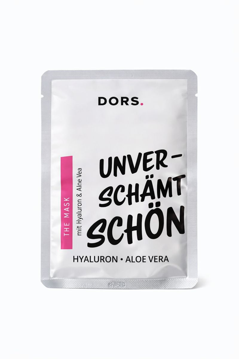 „DORS THE MASK Gesichtsmaske mit Hyaluron und Aloe Vera – vegane Tuchmaske für intensive Feuchtigkeit und Glow, Produktverpackung auf weißem Hintergrund