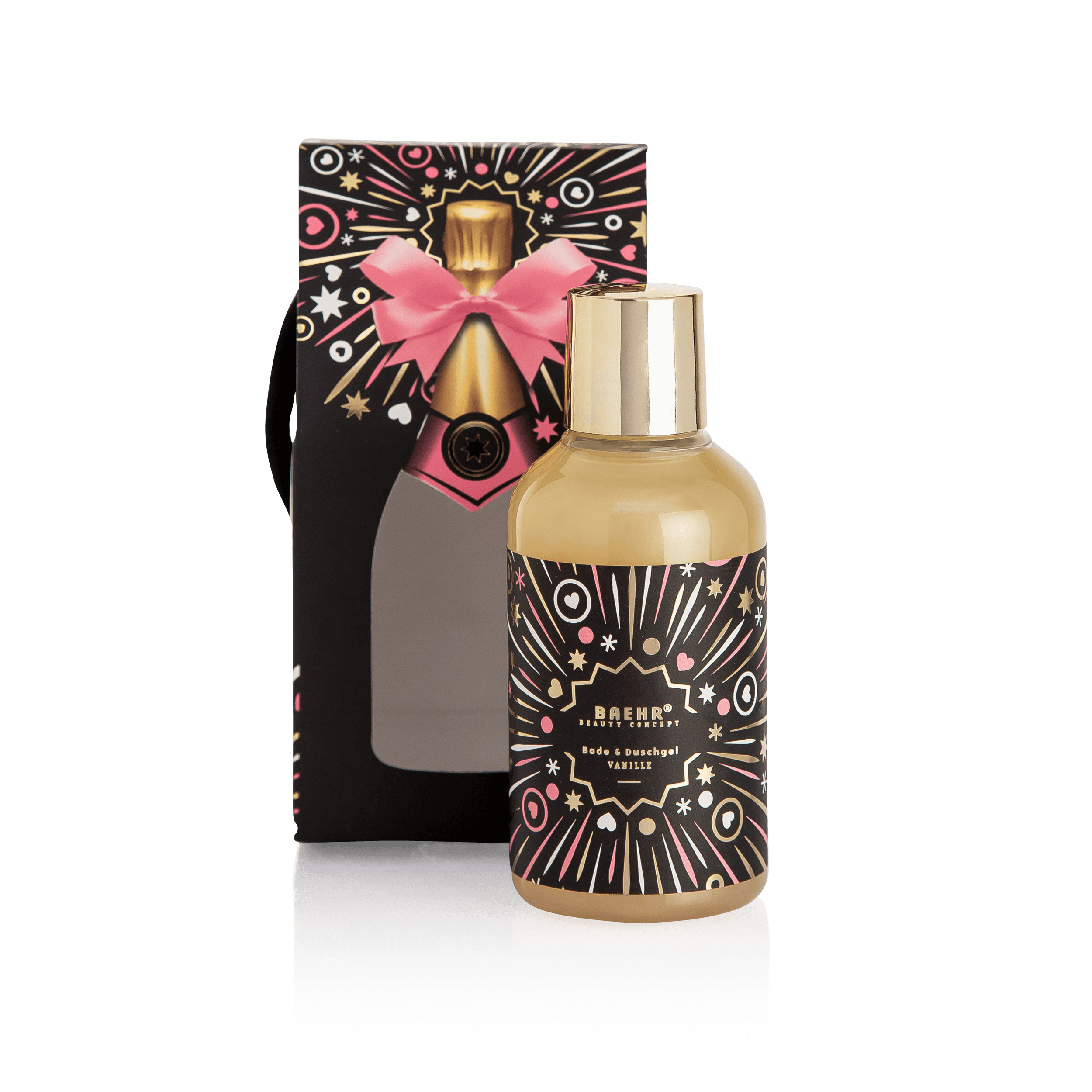 BAEHR beauty concept Bade-/Duschgel in Champagnerflasche – schwarz, 150ml, Flasche neben Umverpackung