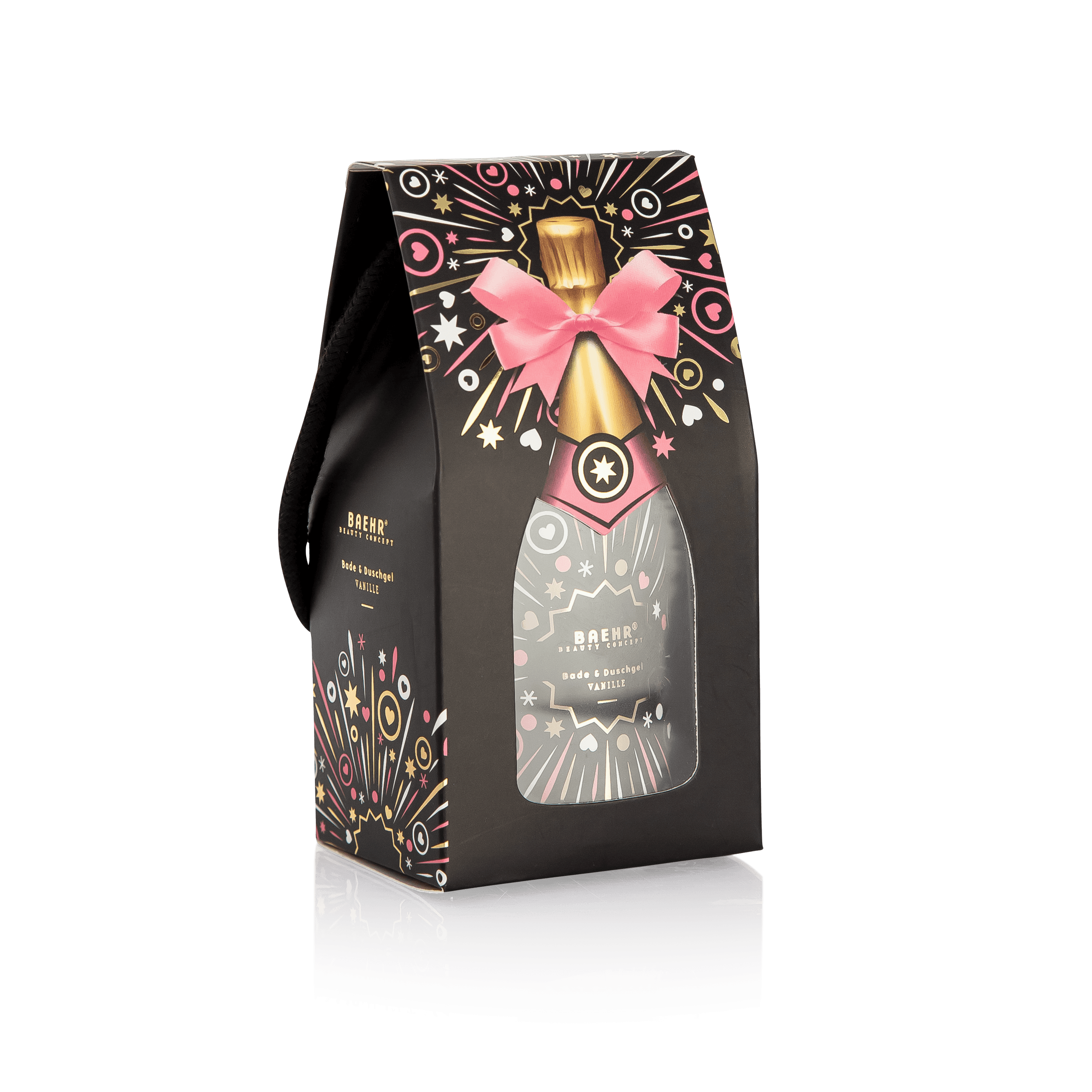BAEHR beauty concept Bade-/Duschgel in Champagnerflasche – schwarz, 150ml, Umverpackung seitliche Ansicht