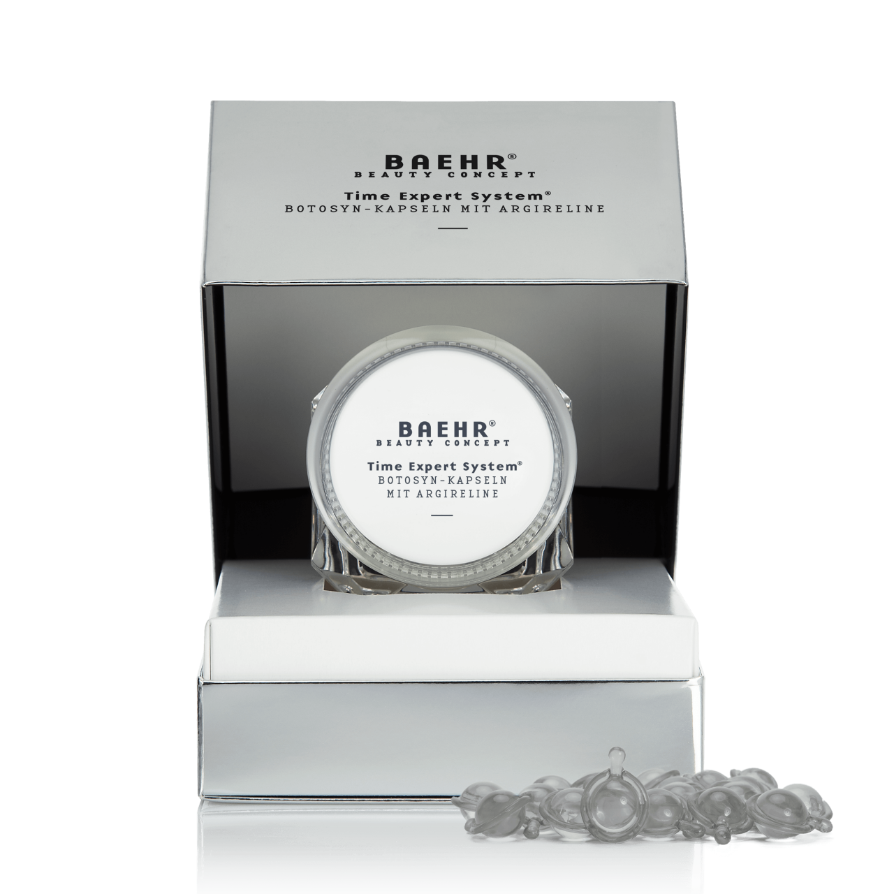 BAEHR Time Expert System - Botosyn-Kapseln mit Argireline, 30Stk, Faltschachtel und Tiegel offen mit Einzelkapseln