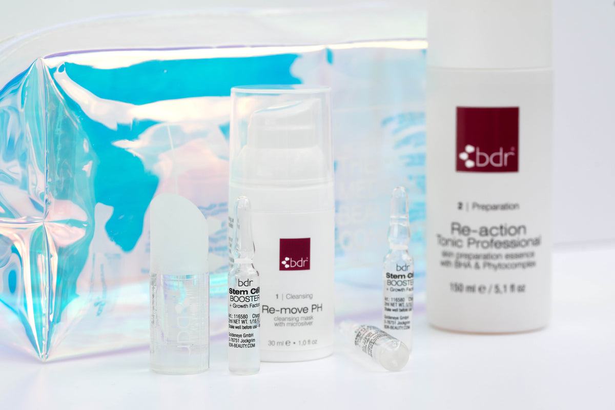 BDR MEDICAL BEAUTY Back to Routine Set – mit Re-move & Stem Cell Booster, -, Nahaufnahme Produkte mit Tasche