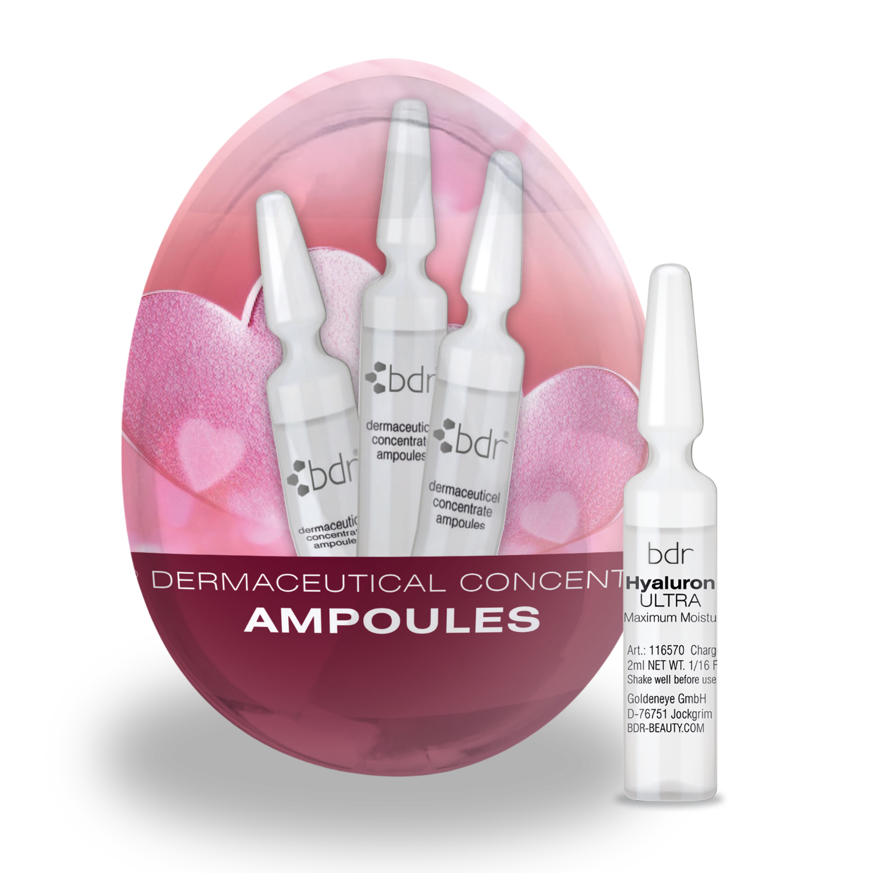 BDR MEDICAL BEAUTY Hyaluron Ultra Ampullen-Ei – Osteraktion, 7x2ml +Dropper, Verpackung und Einzelampulle