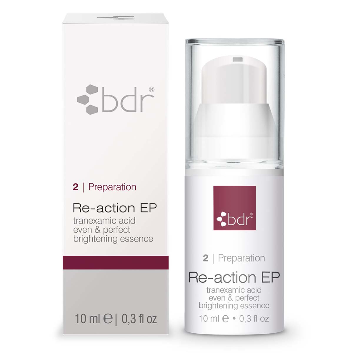 BDR MEDICAL BEAUTY Re-action EP - tranexamic acid even & perfect brightening essence – wirkt gezielt gegen Pigmentflecken, Rötungen und einen ungleichmäßigen Teint, 10ml, mit Schachtel