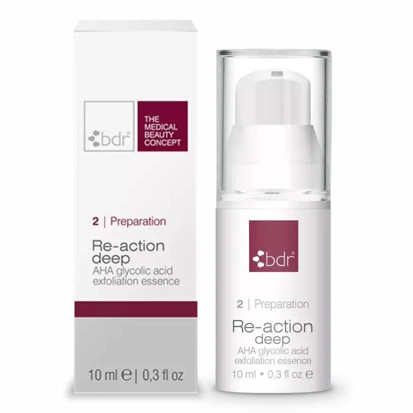 BDR MEDICAL BEAUTY Re-action natural – AHA glycolic acid exfoliation essence - Reisegröße, 10ml, Pumpspender und Umkarton