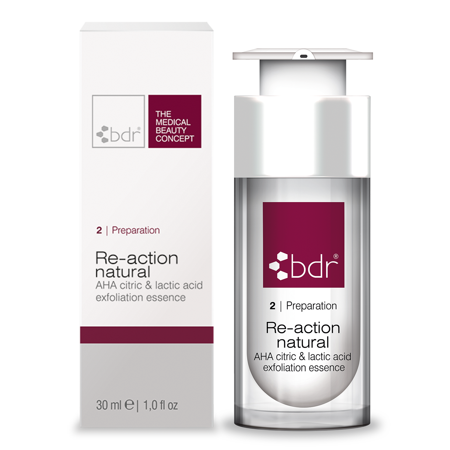 BDR MEDICAL BEAUTY Re-action natural – AHA citric & lactic acid exfoliation essence, 30ml, Pumpspender und Umkarton