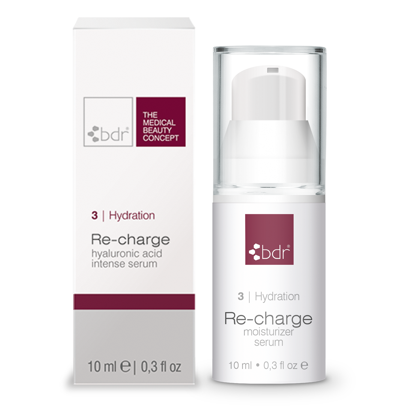 BDR MEDICAL BEAUTY Re-charge hyaluronic acid intense serum – Feuchtigkeitsserum mit 2-fach Hyaluron & Panthenol Reisegröße, 10ml, Pumpspender und Umkarton