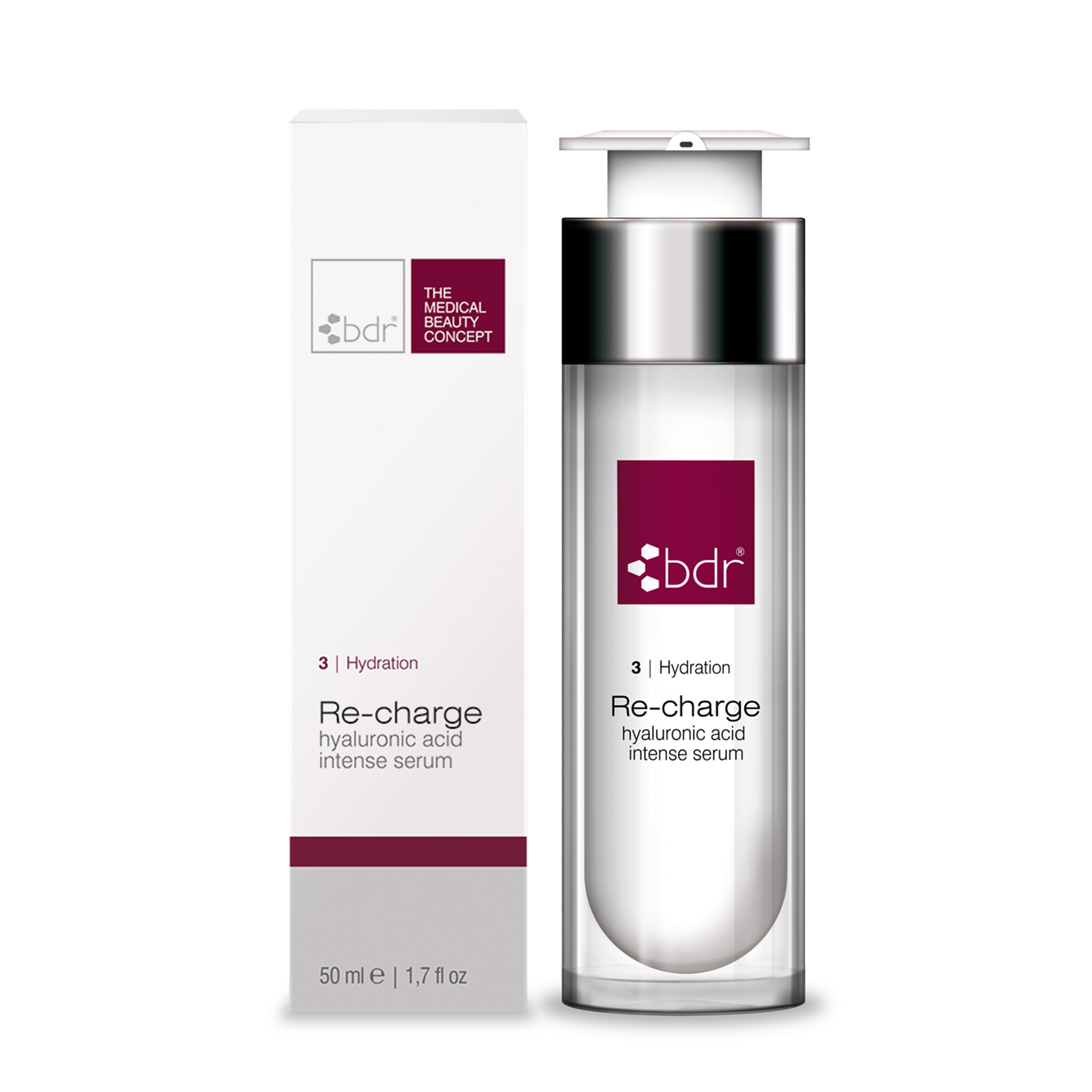 BDR MEDICAL BEAUTY Re-charge hyaluronic acid intense serum – Feuchtigkeitsserum mit 2-fach Hyaluron & Pantheno, 50ml, Pumpspender und Umkarton