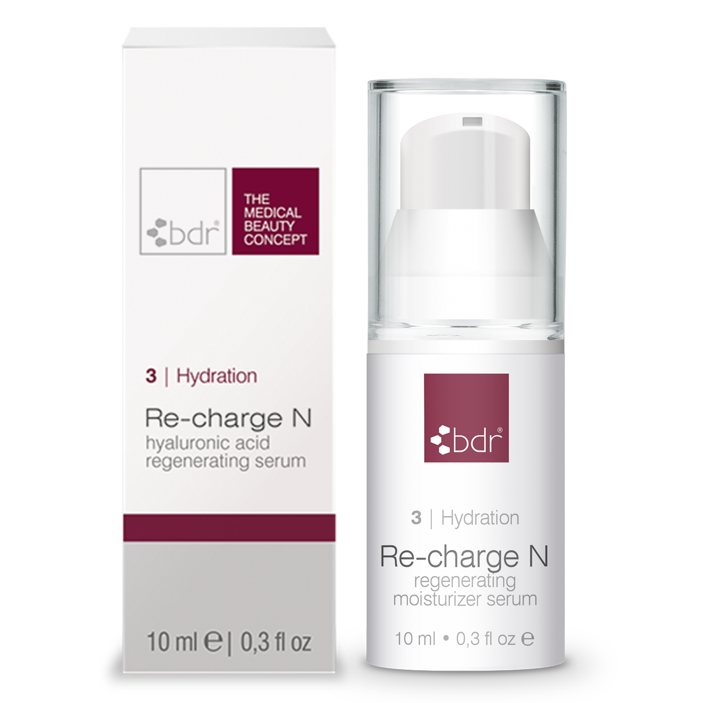 BDR MEDICAL BEAUTY Re-charge N – Hyaluronserum für die reife Haut Reisegröße, 10ml, Pumpspender und Umkarton