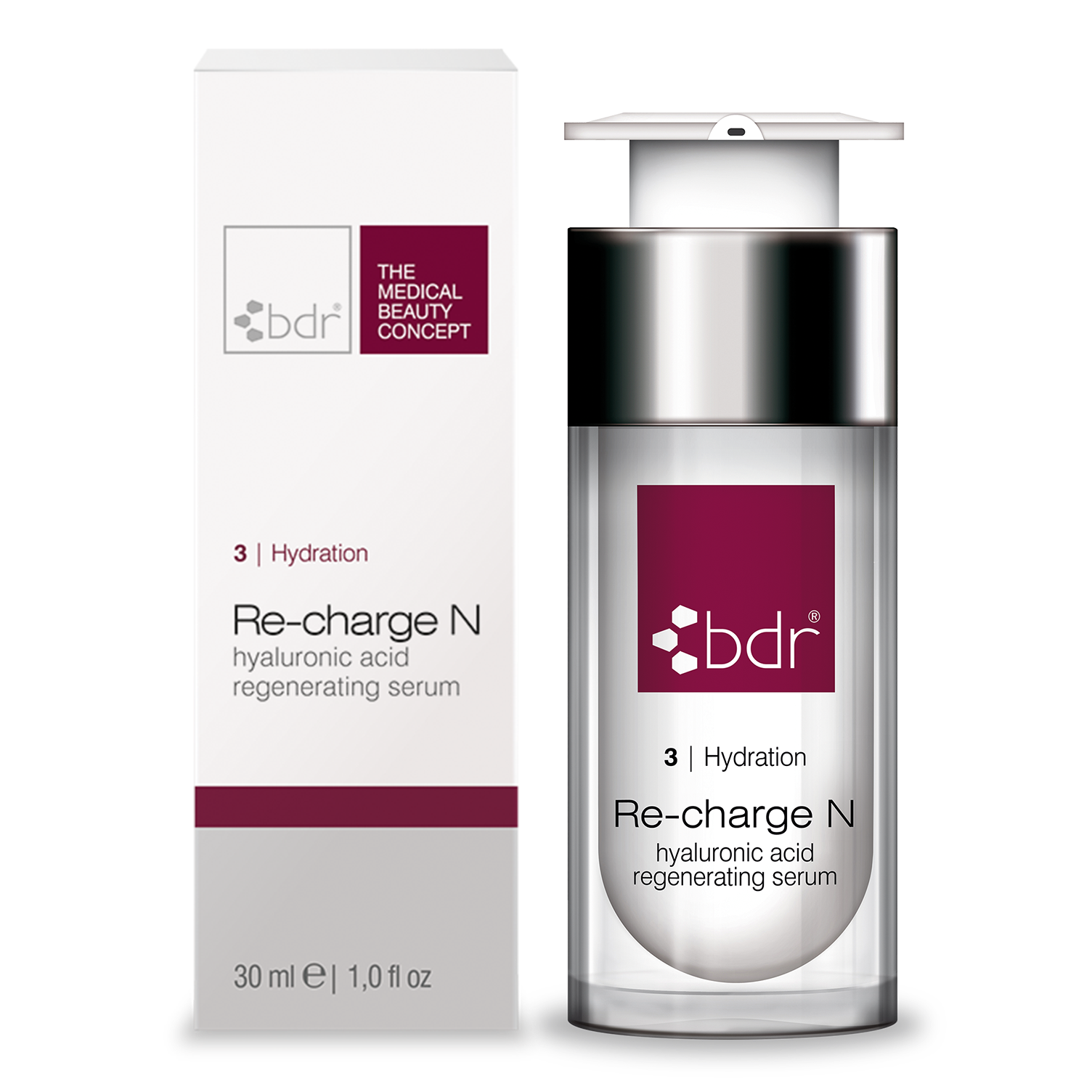 BDR MEDICAL BEAUTY Re-charge N – Hyaluronserum für die reife Haut, 30ml, Pumpspender und Umkarton