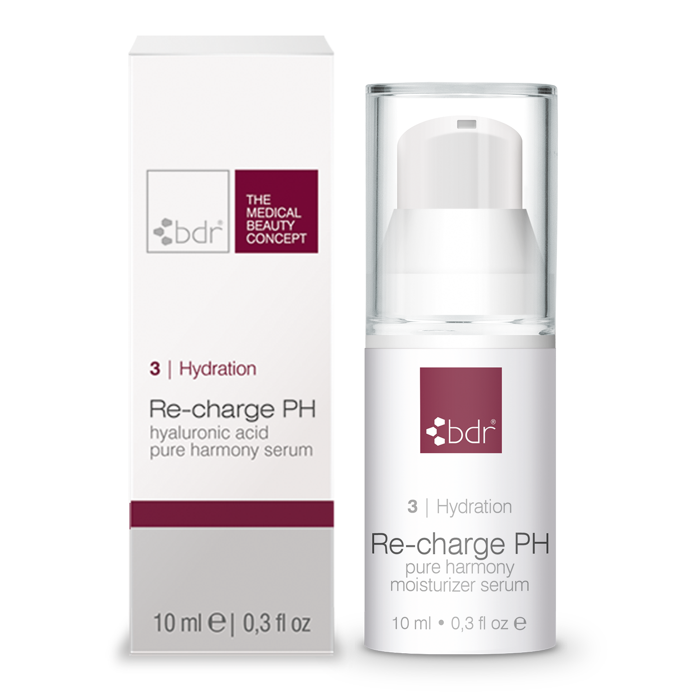 BDR MEDICAL BEAUTY Re-charge PH – hyaluronic acid pure harmony serum - Reisegröße, 10ml, Pumpspender und Umkarton