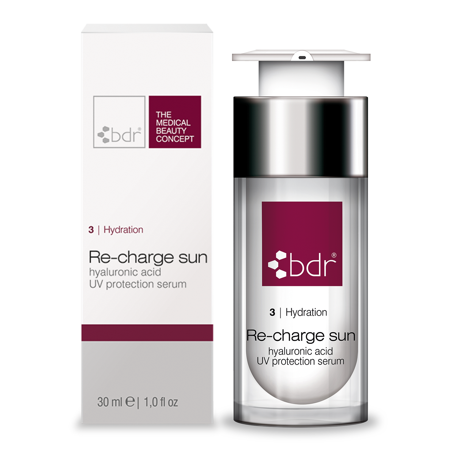 BDR MEDICAL BEAUTY Re-charge SUN – hyaluronic acid UV protection serum, 30ml, Pumpspender und Umkarton