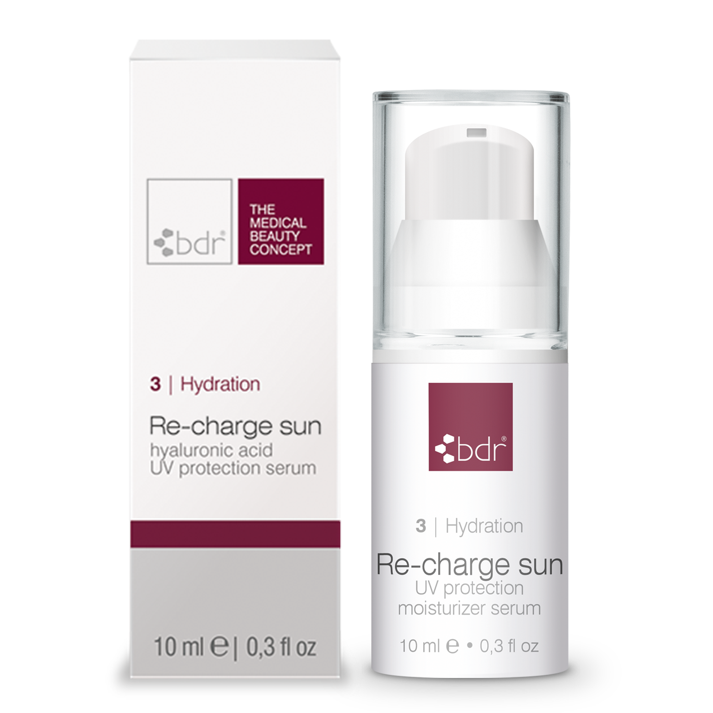 BDR MEDICAL BEAUTY Re-charge SUN – hyaluronic acid UV protection serum - Reisegröße, 30ml, Pumpspender und Umkarton