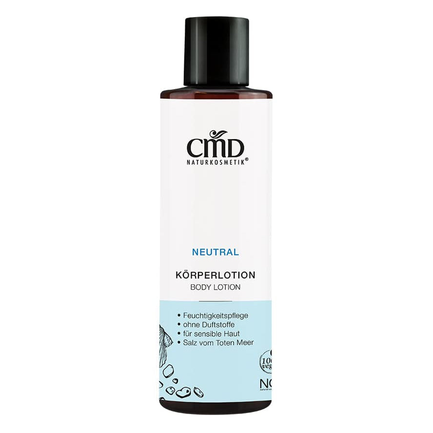 CMD NATURKOSMETIK Neutral Körperlotion – Wertvolles Salz aus dem Toten Meer wirkt feuchtigkeitsspeichernd und regeneriert irritierte Haut während Bio Mandelöl und Avocadoöl die Haut glätten und sie vor dem Austrocknen bewahren., 200ml