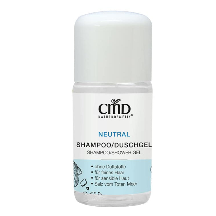 CMD NATURKOSMETIK Neutral Shampoo/Duschgel – Das enthaltene Salz vom Toten Meer beruhigt irritierte, juckende und spröde Haut sowie die Kopfhaut und beugt Schuppenbildung vor., 30ml