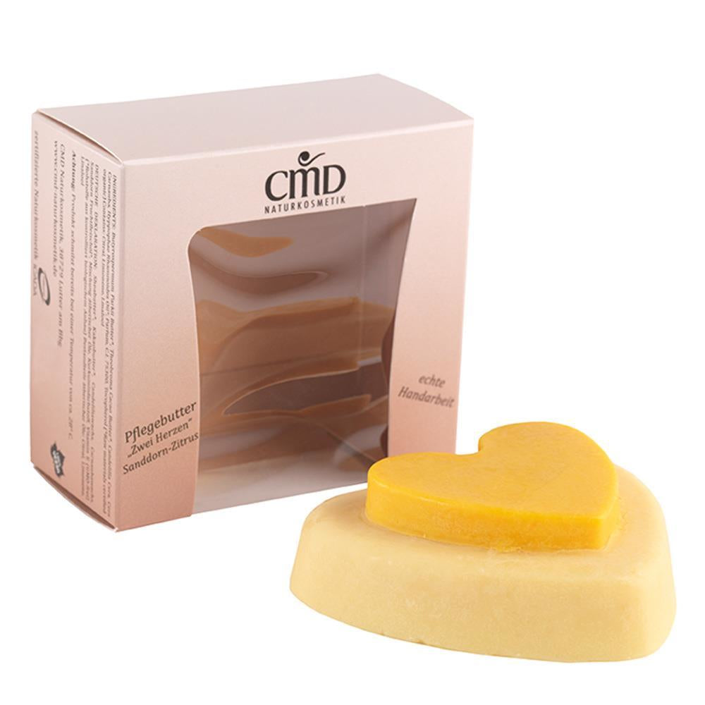 CMD NATURKOSMETIK Pflegebutter Zwei Herzen - Sanddorn-Zitrus – Der hohe Anteil wertvoller Kakaobutter, Sheabutter und Jojobaöl aus kontrolliert biologischem Anbau pflegt die Haut intensiv und macht sie samtig weich., 90gr.