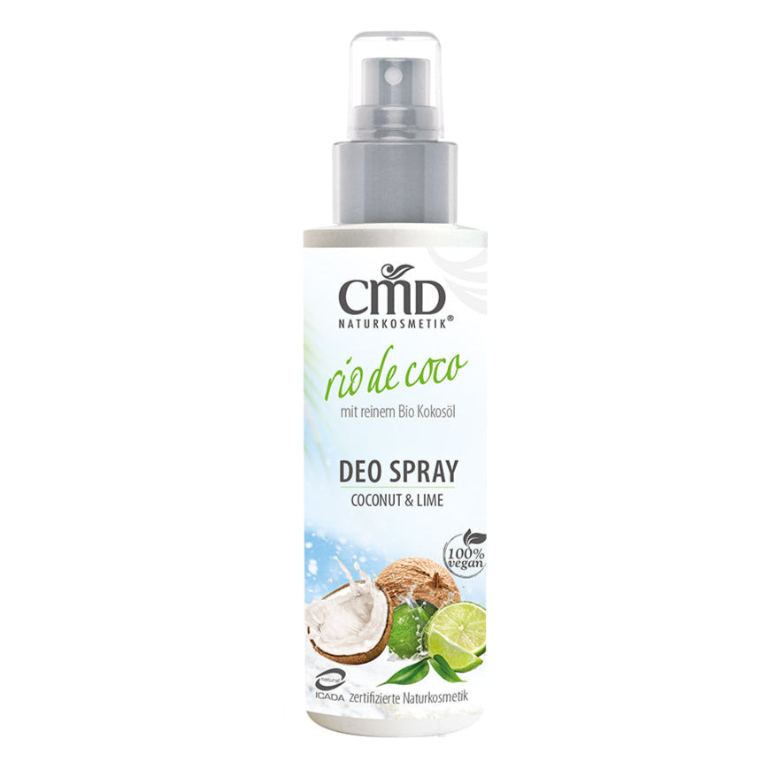 CMD NATURKOSMETIK Rio de Coco Deo Spray Coconut & Lime – wirkt beruhigend auf gestresste und irritierte Haut. Wertvolles Salbeiöl schützt Deine Haut auf natürliche Weise während der fruchtige Limettenduft zusätzliche Frische, 100ml