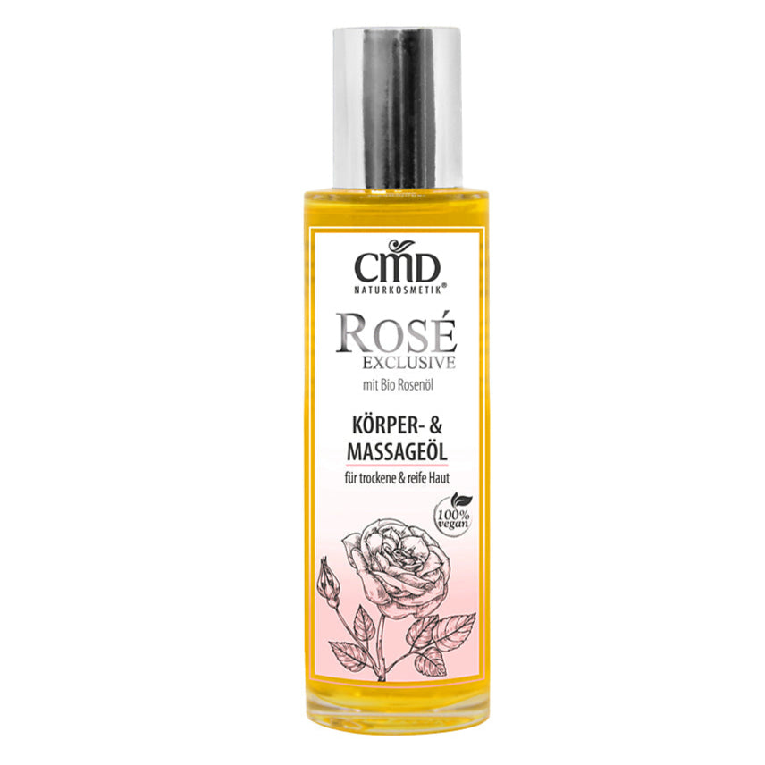 CMD NATURKOSMETIK Rosé Exclusive Körper- & Massageöl – die wertvollen Naturöle nähren trockene Haut und unterstützen ihre Straffung, 100ml