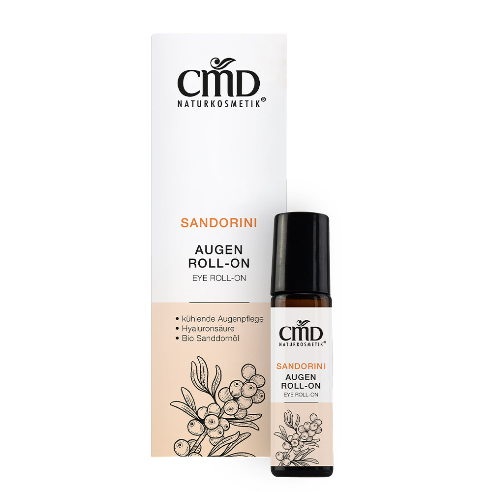 CMD NATURKOSMETIK Sandorini Augen Roll-On – enthält einen wirkungsvollen Hyaluronsäure-Komplex, der die Haut von innen aufpolstert und äußerlich glättet., 10ml