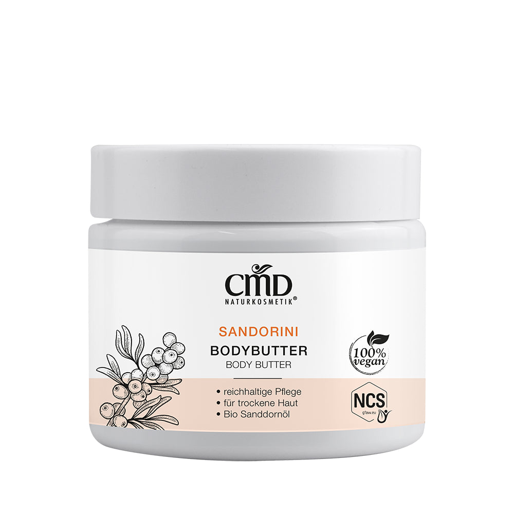 CMD NATURKOSMETIK Sandorini Bodybutter – Sie lässt sich leicht verteilen und pflegt trockene oder anspruchsvolle Haut intensiv und macht sie geschmeidig., 100ml