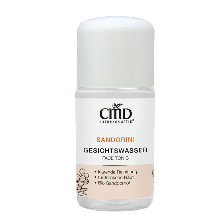 CMD NATURKOSMETIK Sandorini Gesichtswasser – Nach der Reinigung erfrischt und klärt es sensible und trockene Haut. Es beugt Juckreiz vor und pflegt besonders irritierte und gerötete Haut., 30ml