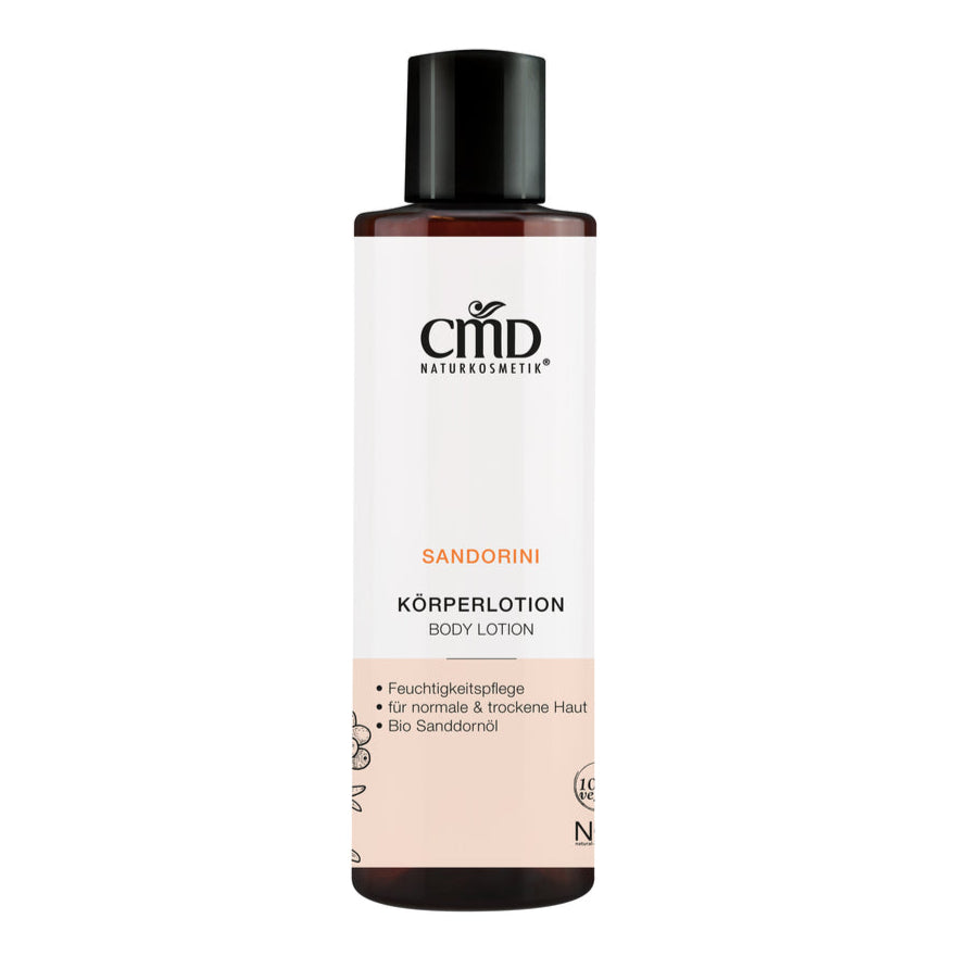 CMD NATURKOSMETIK Sandorini Körperlotion – versorgt trockene und empfindliche Haut intensiv mit Feuchtigkeit und umhüllt Deinen Körper mit dem fruchtig-frischen Duft des Sanddorns., 200ml