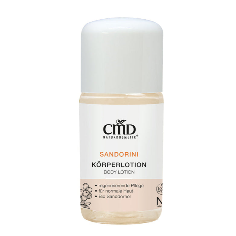 CMD NATURKOSMETIK Sandorini Körperlotion – versorgt trockene und empfindliche Haut intensiv mit Feuchtigkeit und umhüllt Deinen Körper mit dem fruchtig-frischen Duft des Sanddorns., 30ml