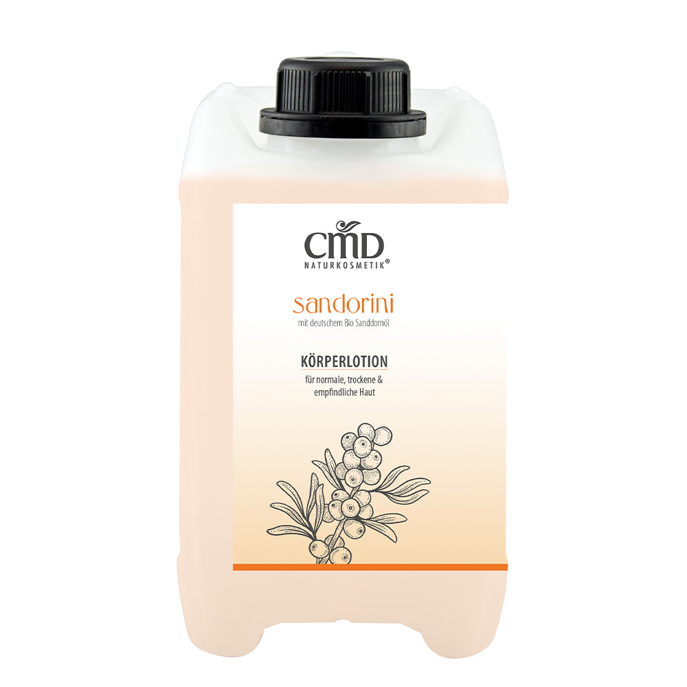 CMD NATURKOSMETIK Sandorini Körperlotion Kanister – versorgt trockene und empfindliche Haut intensiv mit Feuchtigkeit und umhüllt Deinen Körper mit dem fruchtig-frischen Duft des Sanddorns., 2,5 Liter