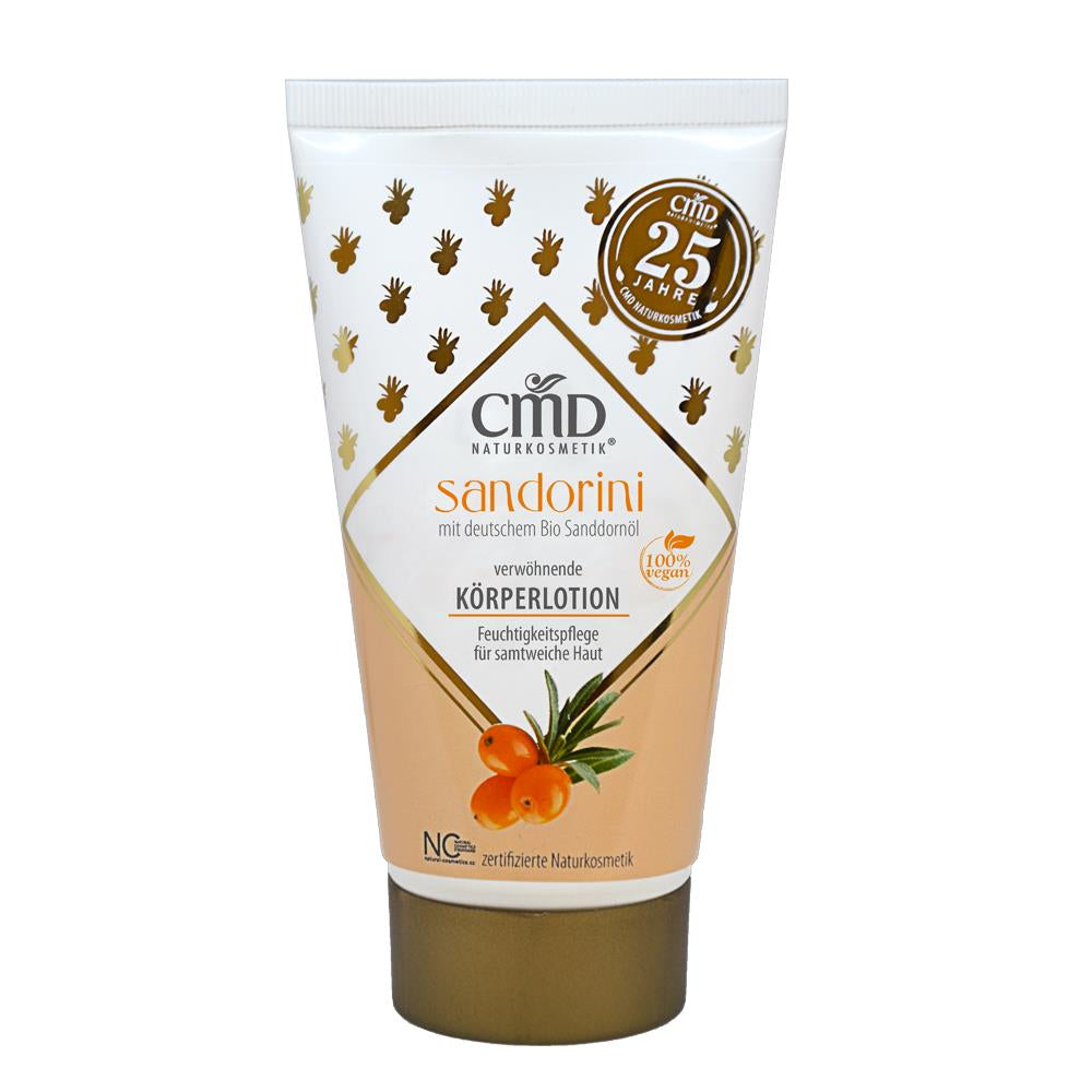 CMD NATURKOSMETIK Sandorini Körperlotion Limitierte Edition – versorgt trockene und empfindliche Haut intensiv mit Feuchtigkeit und umhüllt Deinen Körper mit dem fruchtig-frischen Duft des Sanddorns., 150ml