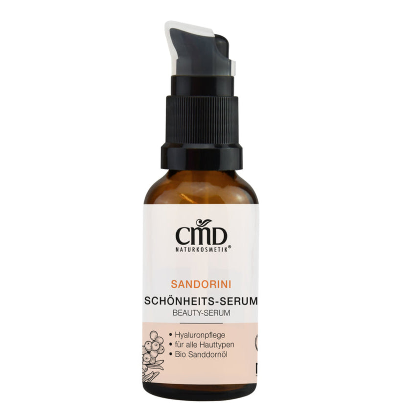 CMD NATURKOSMETIK Sandorini Schönheits-Serum – Wertvolles Bio Aloe Vera, erlesene Bio Öle und wirkungsvolle Hyaluronsäure bilden die Basis dieser exklusiven Pflege., 30ml