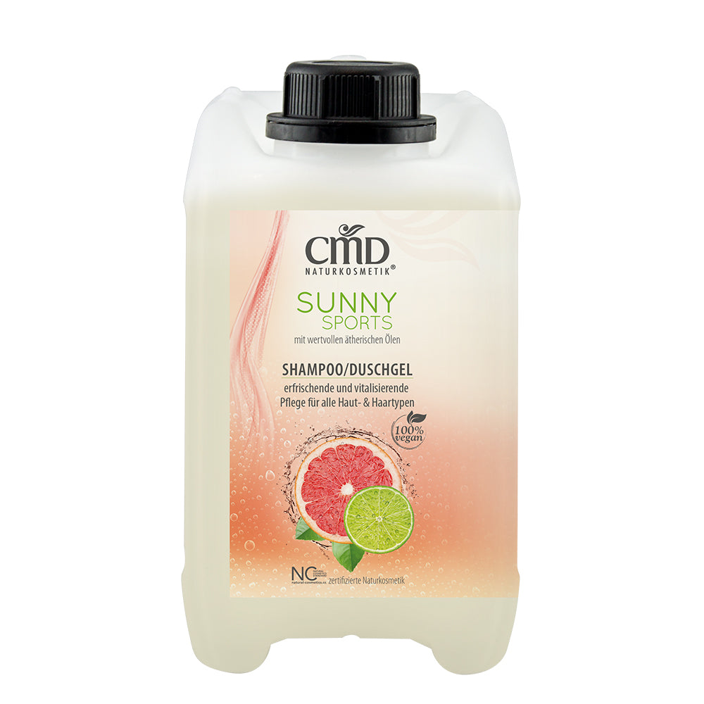 CMD NATURKOSMETIK Sunny Sports Shampoo/Duschgel Kanister – 2 in 1 vitalisiert Körper und Sinne, dank des fruchtig-frischen Duftes nach erlesenen Zitrusfrüchten., 2,5 Liter