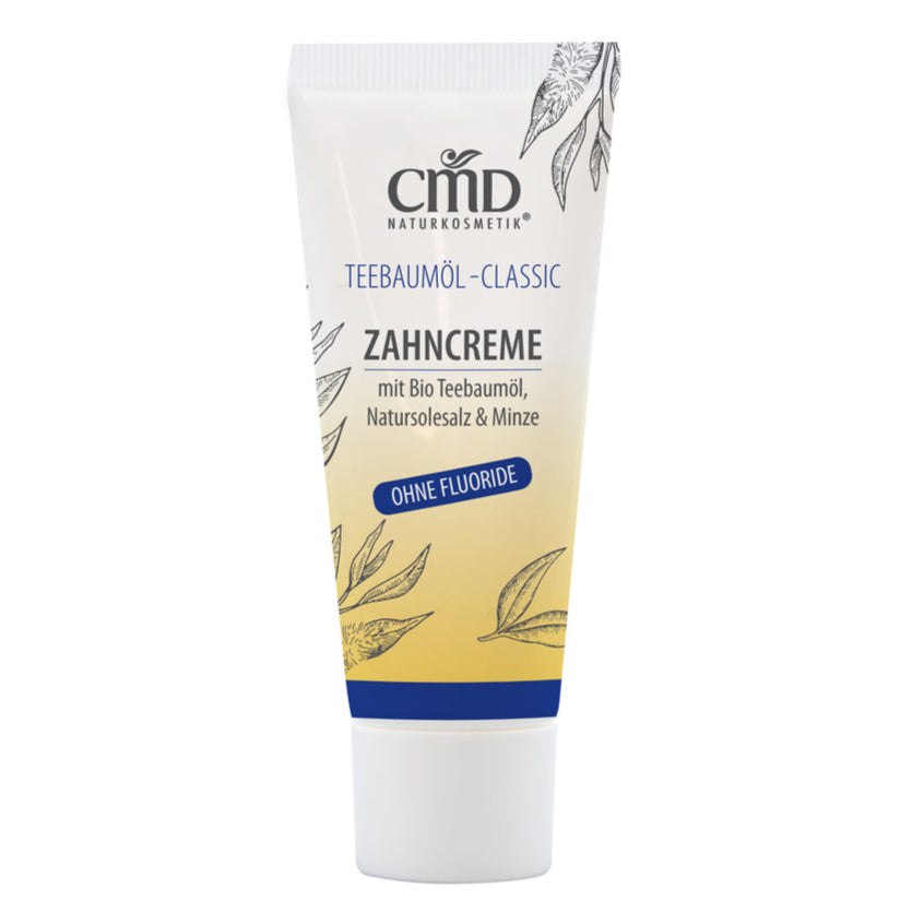 CMD NATURKOSMETIK Teebaumöl Zahncreme – mit hochwirksamem Bio Teebaumöl reinigt die Zähne gründlich und schonend. Sie beugt der Bildung von Karies, Parodontose und Zahnstein vor und ist auch bei Zahnfleischproblemen sehr zu empfehlen., 20ml