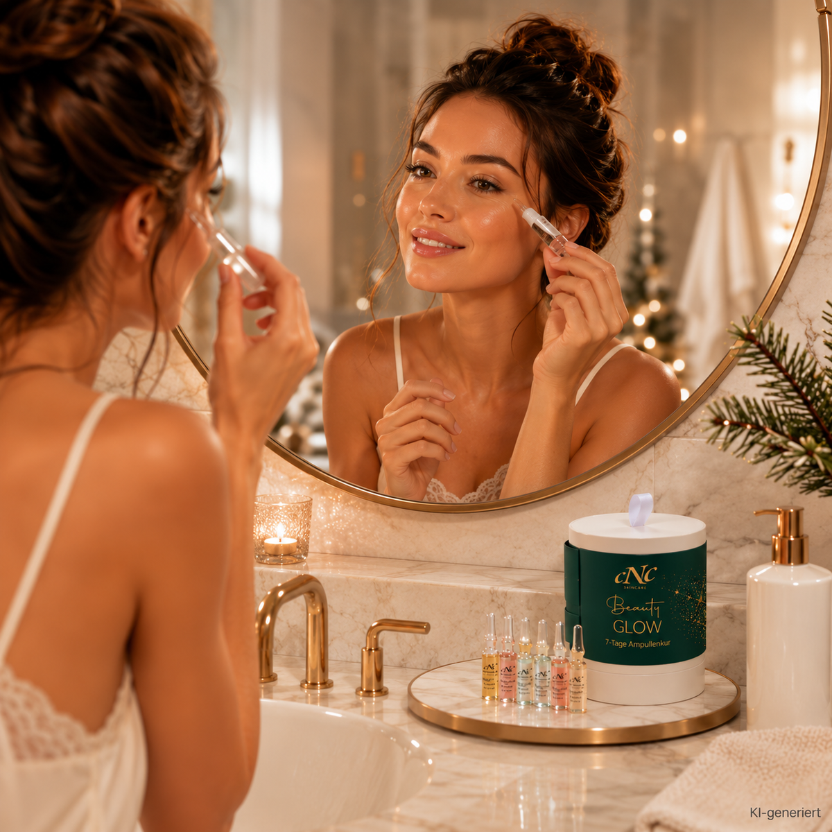 CNC Beauty GLOW 7-Tage Ampullenkur – für Feuchtigkeit, Glätte, Festigkeit und einen gepflegten, strahlenden Teint, 7x2ml, Frau trägt Ampulle vor Spiegel auf