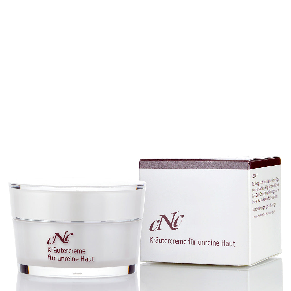CNC Kräutercreme für unreine Haut – bekämpft gezielt die Ursachen von Fettglanz und Unreinheiten, indem Überverhornungen verhindert und der Fett- und Feuchtigkeitsgehalt der Haut ausgeglichen werden., 50ml, mit Umkarton