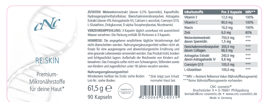 CNC RE:SKIN – Nahrungsergänzungsmittel, 90Kapseln, Label