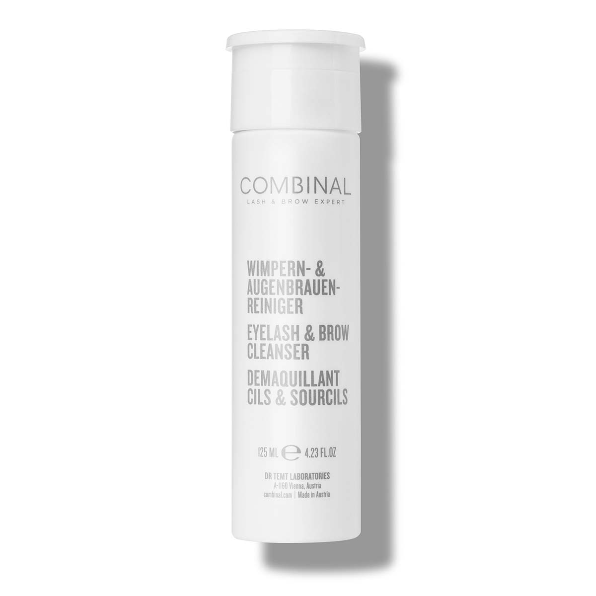 COMBINAL Wimpern- und Augenbrauenreiniger – reinigt Augenlider, Wimpern, Augenbrauen und Haut. Er eignet sich ideal um die Wimpern vor einer Färbung von Farbresten und Fett zu reinigen., 125ml