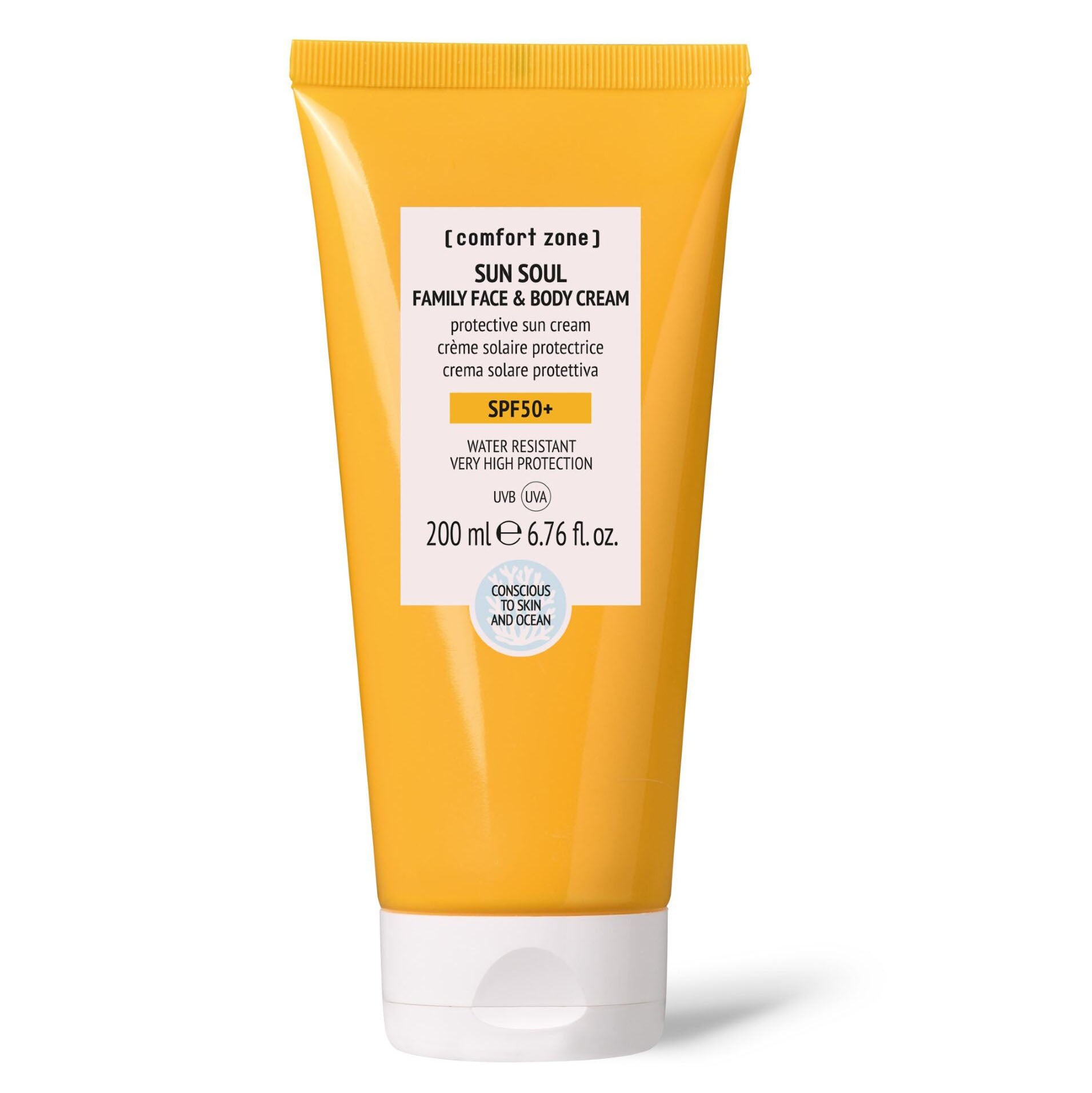 COMFORT ZONE Family Face & Body Cream SPF 50+ – wasserresistente Formel mit Acerola und Sonnenschutzfiltern schützt die Haut von Erwachsenen und Kindern ab 3 Jahren vor UVA- und UVB-Strahlen., 200ml