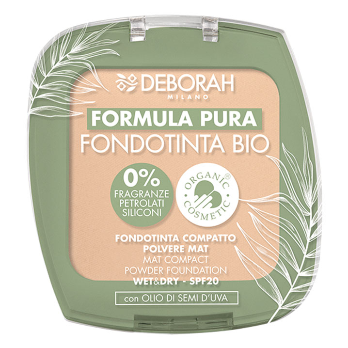 DEBORAH MILANO Formula Pura Compact Foundation BIO fair – Die Foundation hat eine seidig-glatte, leichte Textur und kann sowohl nass als auch trocken angewendet werden., 9gr.