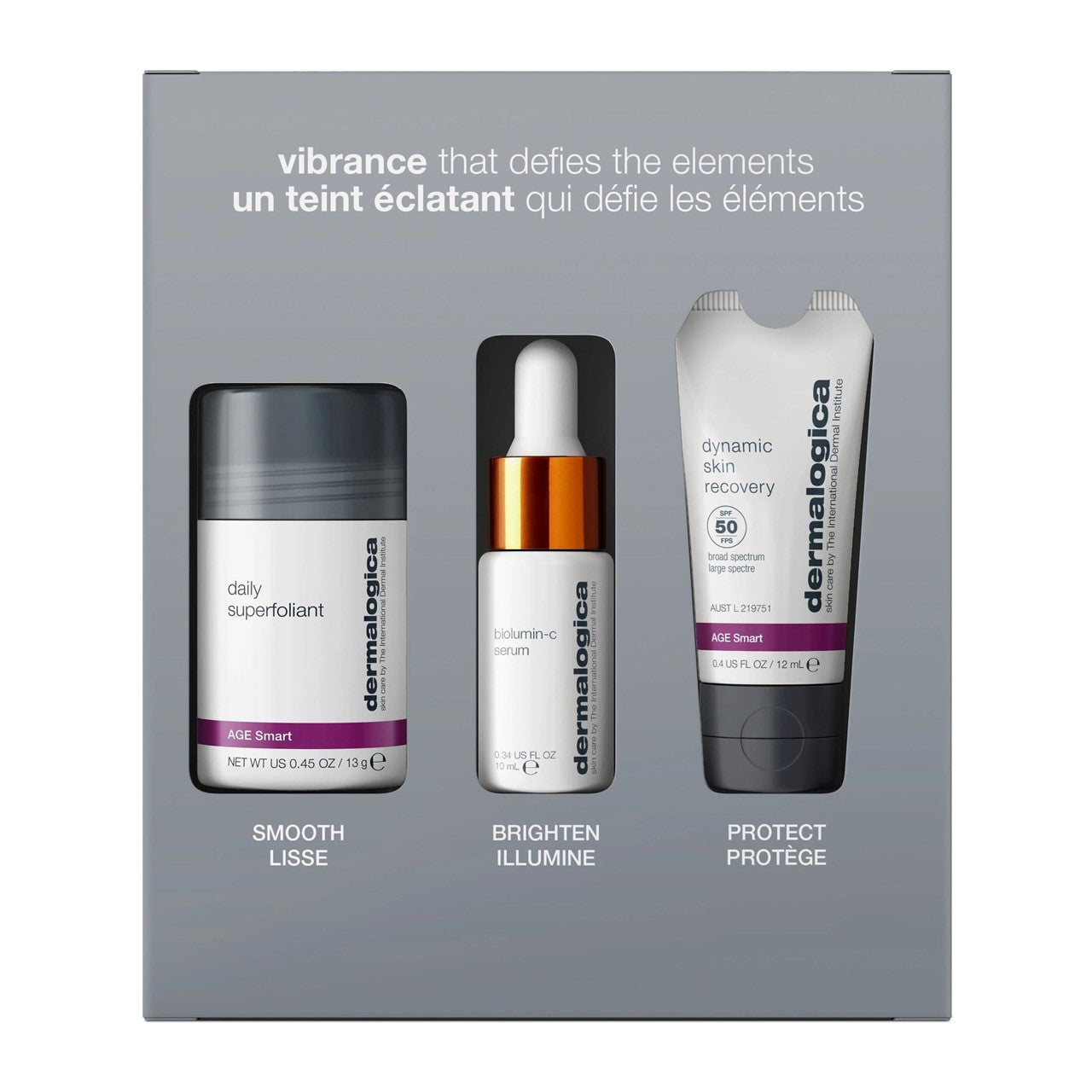 DERMALOGICA AGE Defense Kit – Dieses Power-Trio für reife oder vorzeitig gealterte Haut hilft dabei, die biochemischen Auslöser, die für eine vorzeitige Hautalterung sind, zu kontrollieren., set, box offen