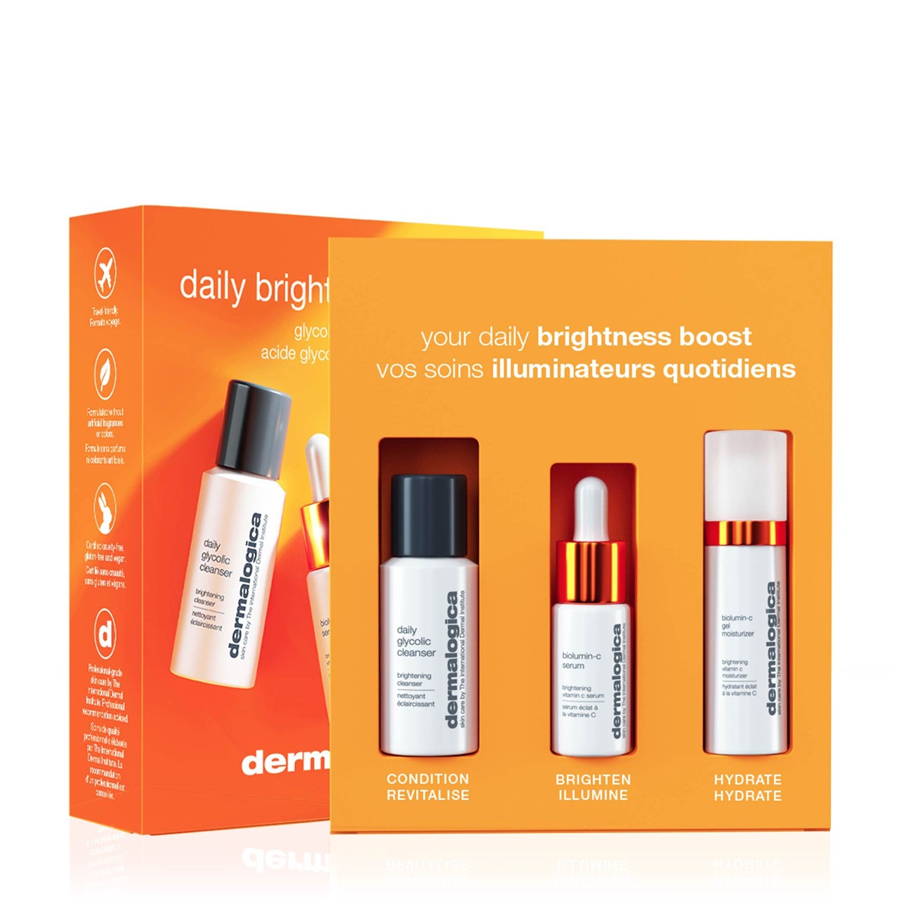 DERMALOGICA Daily Brightness Boosters – Die enthaltenen Produkte revitalisieren fahle, stumpf aussehende Haut, spenden Feuchtigkeit, und sorgen für ein ebenmäßiges, glattes Hautbild., Set, Box geöffnet