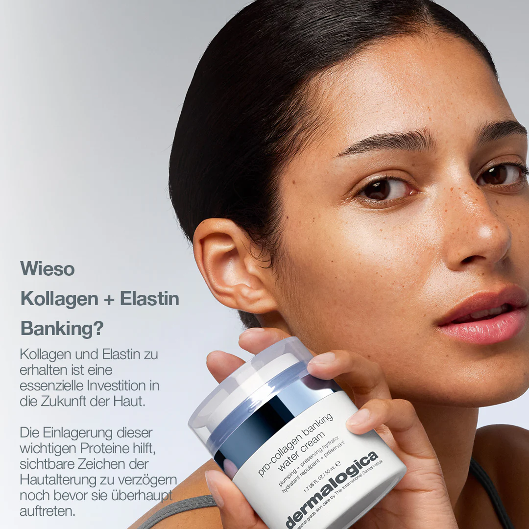 DERMALOGICA Pro-Collagen Banking Water Cream – leichte Feuchtigkeitscreme, 50ml, Frau hält Tiegel