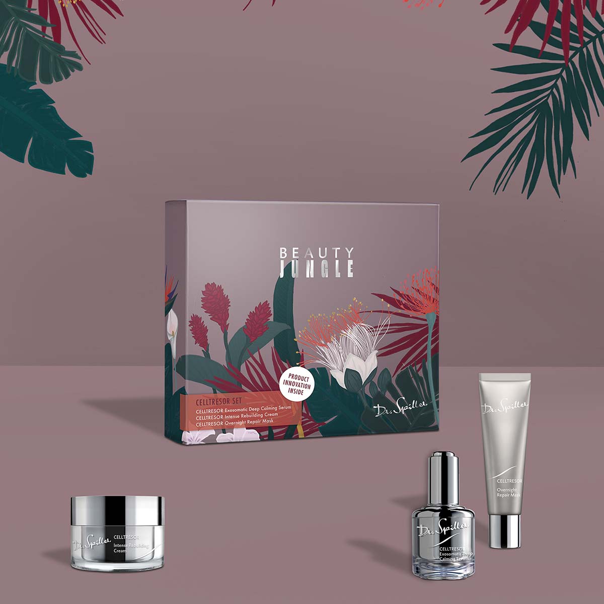 DR SPILLER Beauty Jungle Celltresor-Set, Geschenkbox und Produkte vor lila Hintergrund