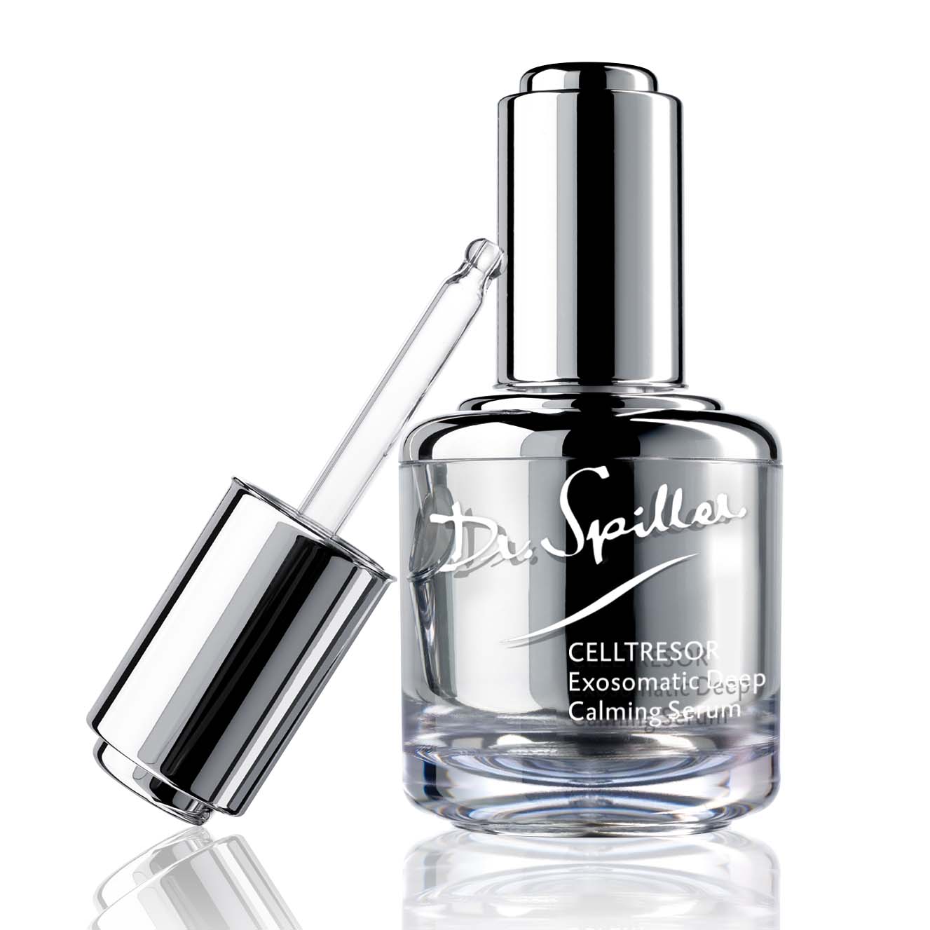 DR SPILLER CELLTRESOR Exosomatic Deep Calming Serum – Beruhigendes Hightech-Serum für empfindliche Haut, 30ml, Pipettenflasche offen