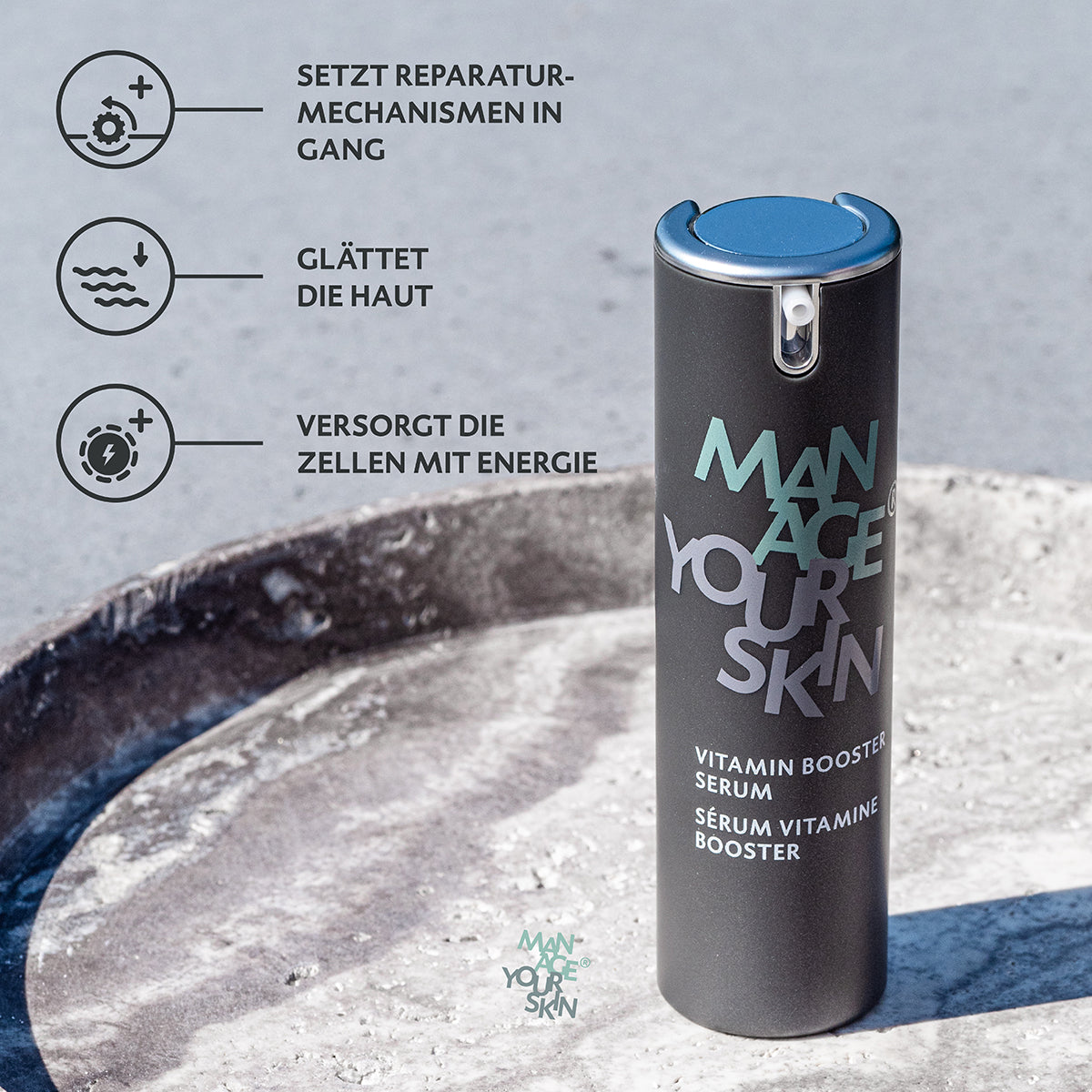 DR SPILLER Manage your Skin Vitamin Booster Serum – Feuchtigkeitsserum für den Mann, 30 ml, Tiegel auf Steinuntergrund mit Beschriftung zur Wirkstoffübersicht