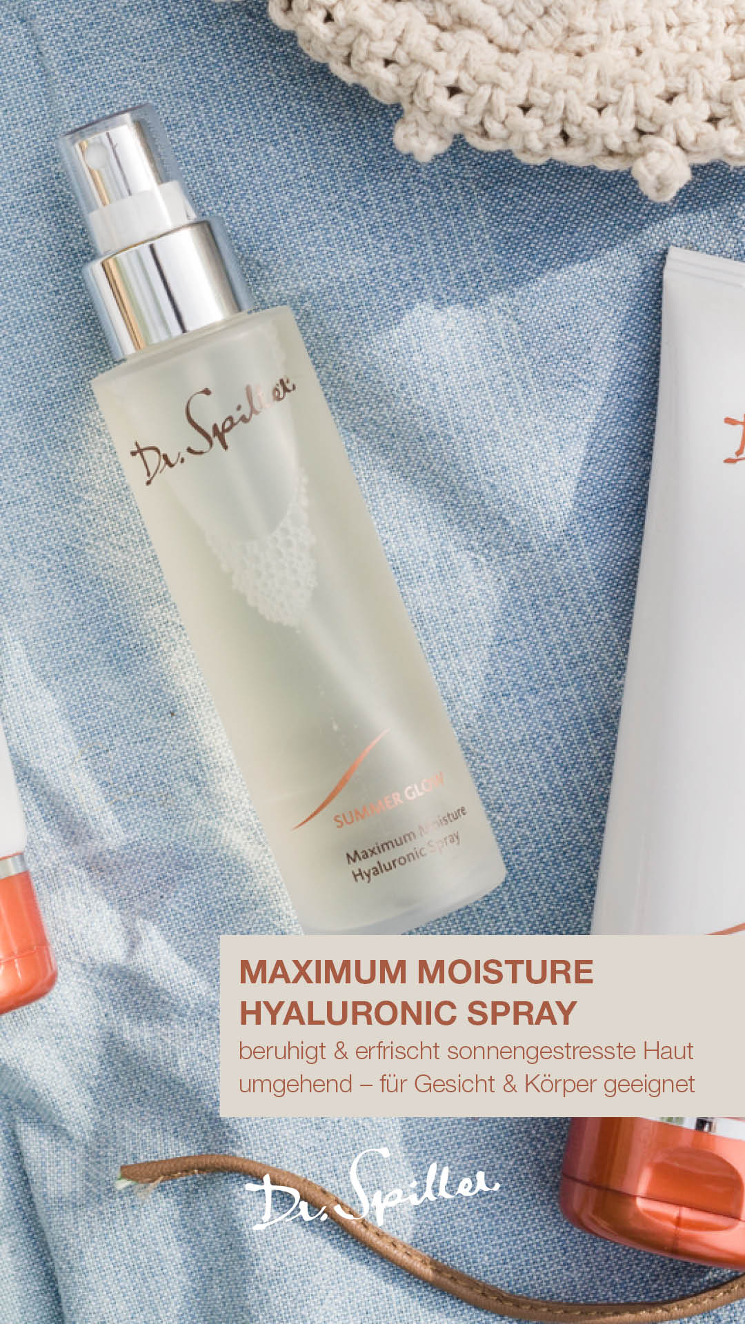 DR SPILLER Maximum Moisture Hyaluronic Spray – 100 ml, Sprühflasche auf Handtuch