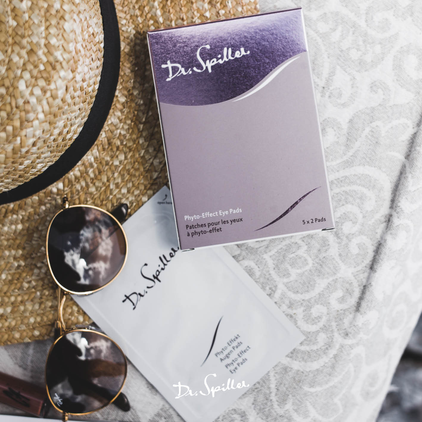 DR SPILLER Phyto-Effekt Augen Pads – Umverpackung, Sachet mit Sonnenbrille und Strohhut