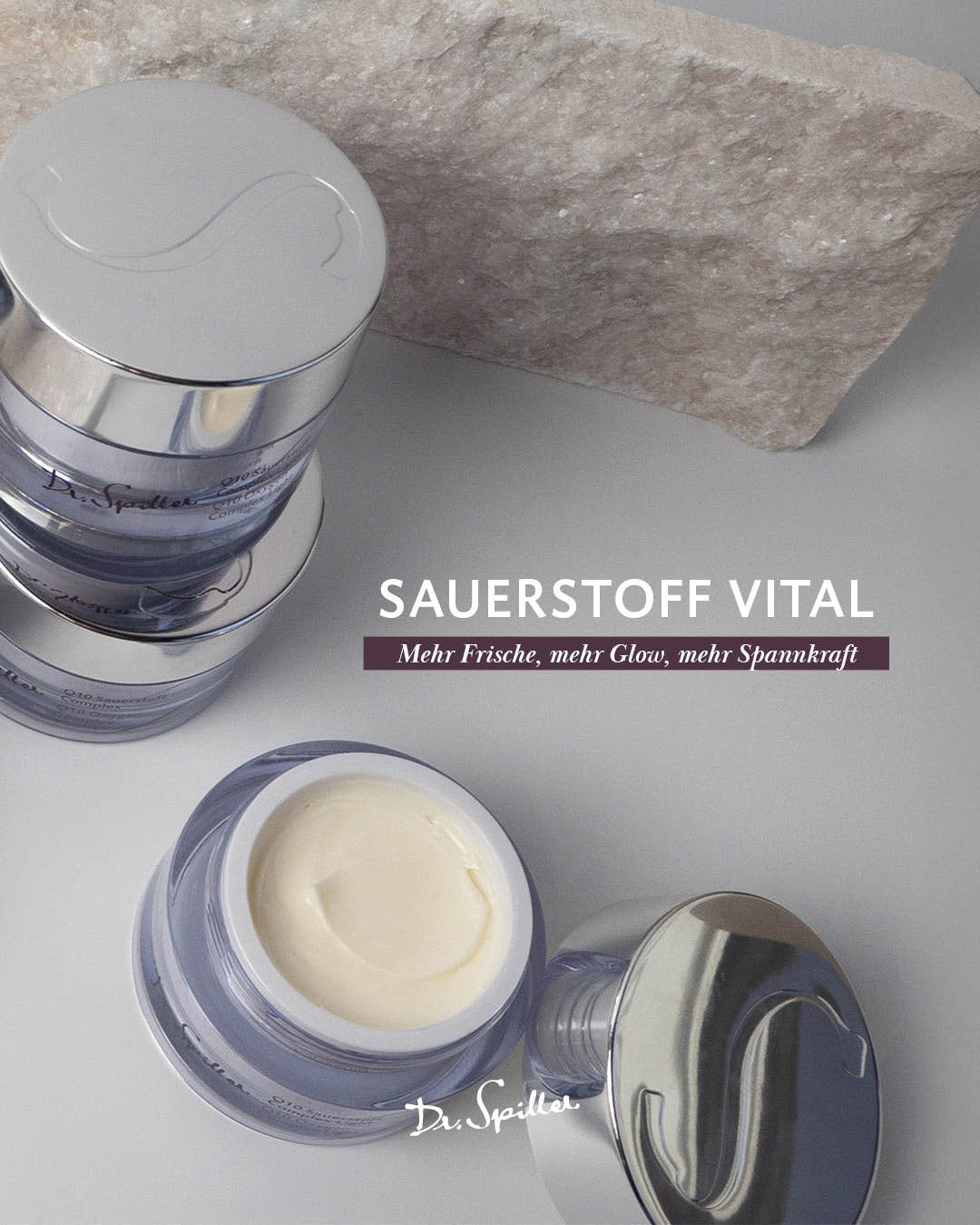 DR SPILLER Q10 Sauerstoff Complex – 50 ml, offene und geschlossene Tiegel vor Steinplatte