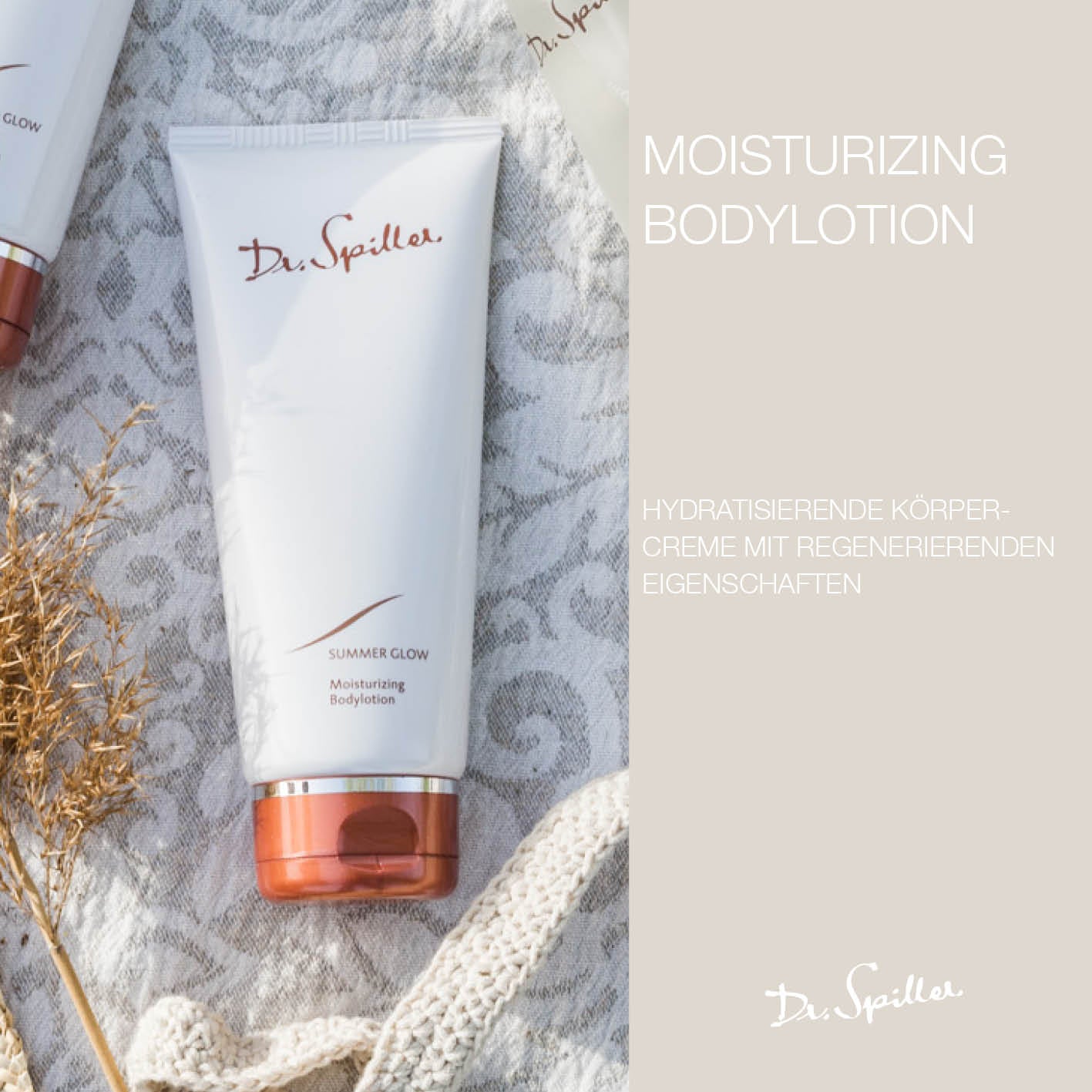DR SPILLER Summer Glow Moisturizing Body Lotion – 200 ml, Tube auf Handtuch mit Produktbeschreibung